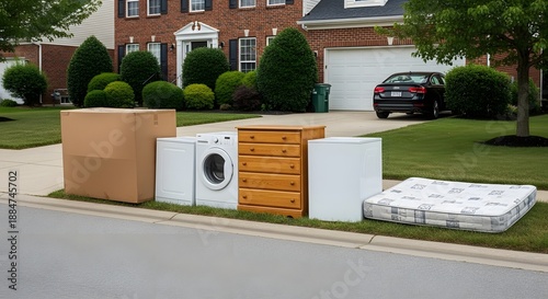 Discarded household including white washing machine dryer wooden dresser and mattress on suburban curb