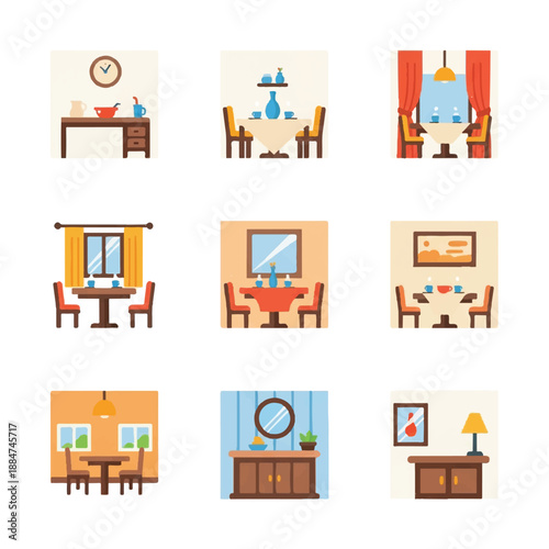 Various dining rooms showcase different interior styles with tables, chairs, and decorations, creating a cozy and inviting atmosphere.