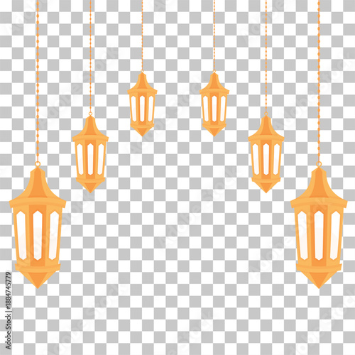 Elegant golden traditional lanterns suspended in air, creating a festive and warm ambiance for cultural and religious celebrations.