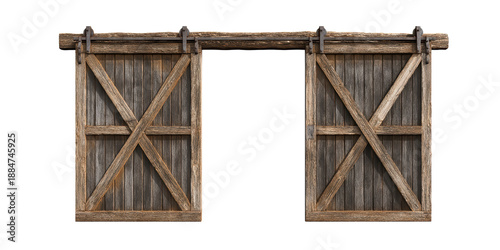 Two Vintage Style Wooden Barn Doors with a Rustic Design and Sliding Mechanism Hang from a Metal Rail on a Transparent Background.