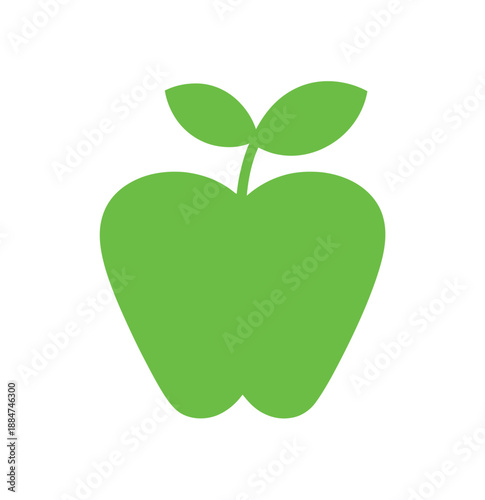 A green apple icon with leaves on a white background