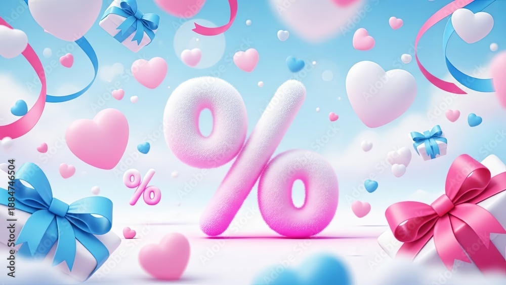 Fototapeta premium Pink fluffy percent sign with hearts and gift boxes. Valentines Day sale and discount promotion concept for advertising and holiday.
