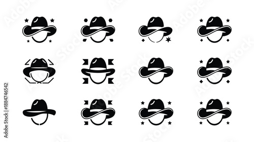 Collection of Cowboy Hat Icons on White Background for Western Themed Designs