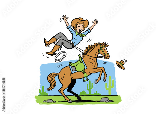 Cowgirl falling off horse illustration. Wild West rodeo show artwork. Humorous vintage horse rider design for t shirt print, poster, sticker, backgrou