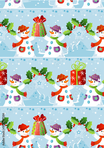 Rayures de bonhommes de neige qui jouent avec des cadeaux et du houx