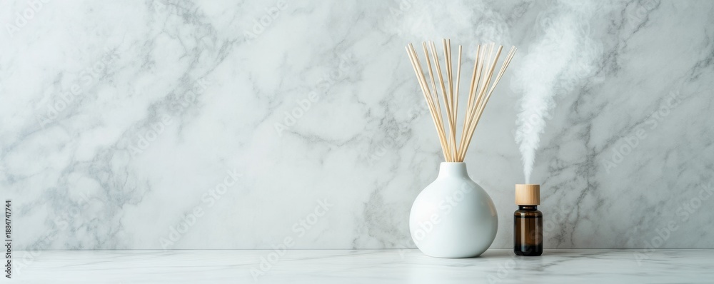 Fototapeta premium Aromatherapy Reed Diffuser on Marble, White Vase, Subtle Steam, Minimalist Home Fragrance, Spa Atmosphere, Calm Zen. Aromatherapy, Home Decor