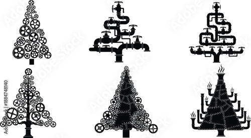 Mechanical Christmas tree silhouettes, industrial holiday design, gear and pipe decorations, festive engineering art, creative steampunk style seasonal illustration vector"