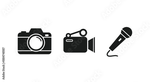 A collection of media production icons camera film reel and microphone