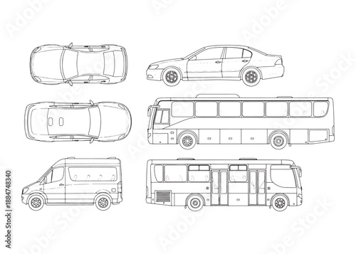 CAD Vehicle Silhouettes and Outlines | Car, Bus, Minibus, Truck Top & Side View Vector Set