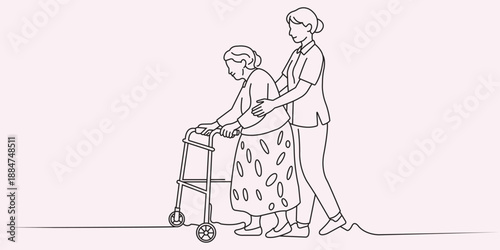 Continuous Line Drawing of Elderly Couple Walking with Walker, Senior Care Concept Vector