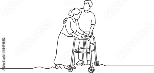 Continuous Line Drawing of Elderly Couple Walking with Walker, Senior Care Concept Vector