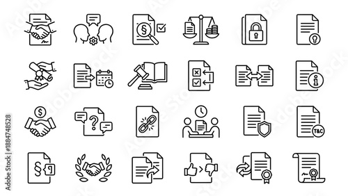 Negotiation contracts line icons. Business agreement deal legal document handshake partnership signing law corporate finance lawyer attorney minimalist vector thin stroke style set.