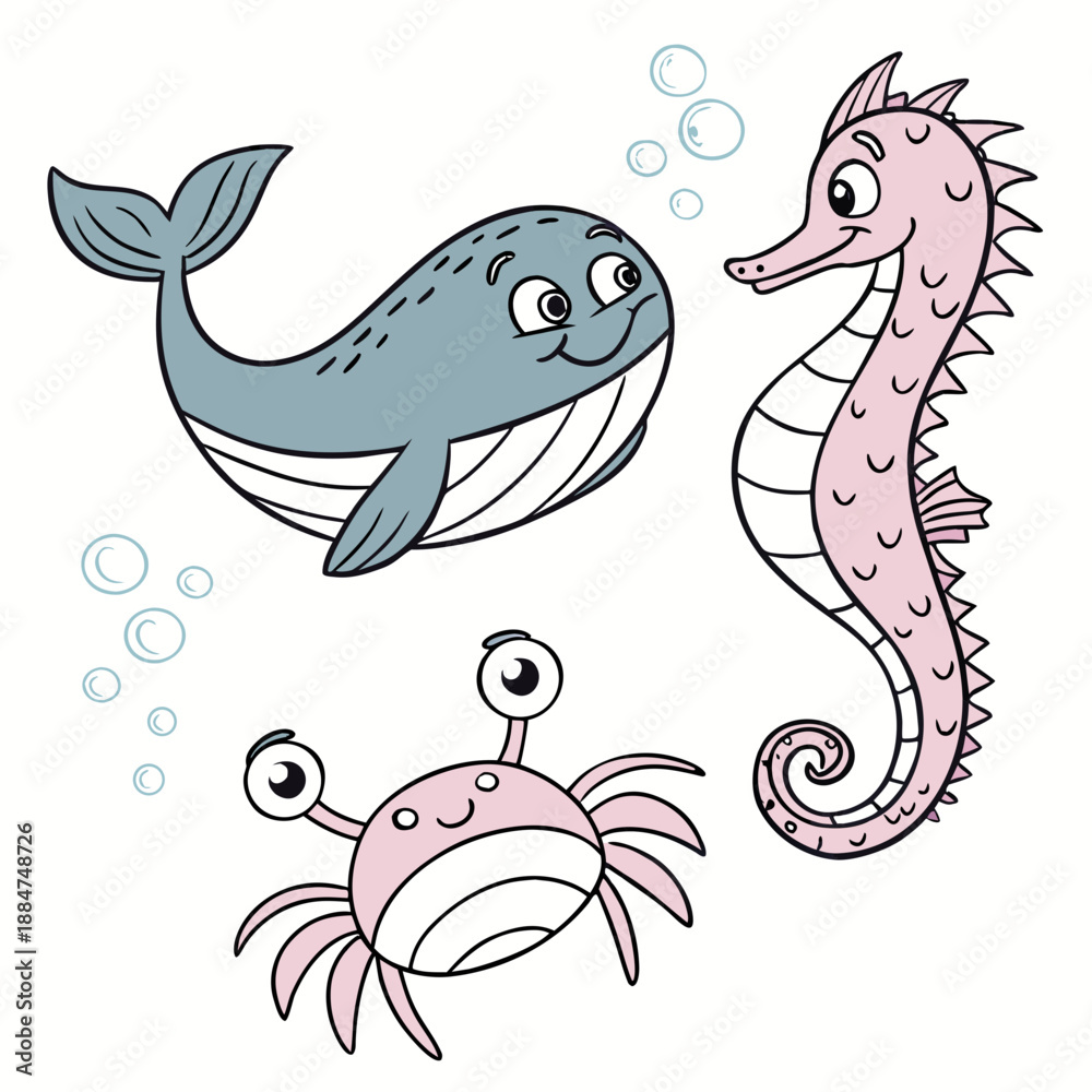 Fototapeta premium Whale, seahorse, and crab underwater