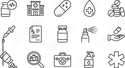 Medical healthcare line icons set with medicine bottle, prescription, pills, hospital, sanitizer, first aid kit, dropper, treatment symbols