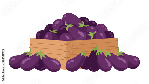 Abundant harvest of fresh purple eggplants overflowing from a rustic wooden crate, with more scattered around, symbolizing a bountiful farm yield.