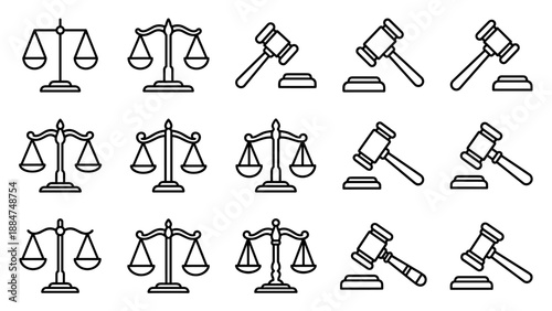 Legal law scales and gavels. Outline icon set. Justice symbol. Court hammer. Judge tool. Lawyer equipment. Balance sign. Jurisprudence concept. Attorney logo. Verdict. Tribunal. Crime punishment