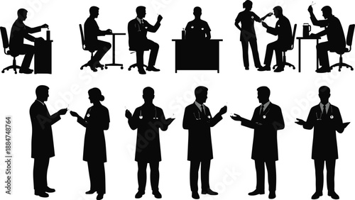 Vector illustration of a business people silhouette set featuring a diverse crowd, team, and family group of men, women, and children standing, walking, and meeting in an office work environment