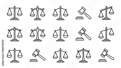 Law and justice icon set vector. Linear symbols of legal system. Scales of justice and judge gavel. Court hammer. Equality balance. Jurisprudence elements. Outline signs. Attorney.