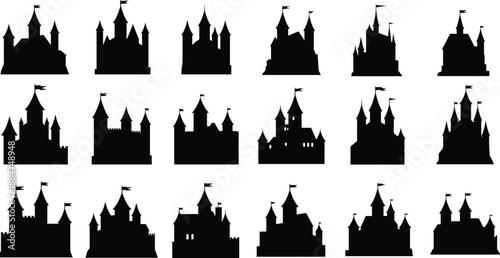 Medieval Castle Silhouettes Vector Set – Fairytale Fortresses, Fantasy Palaces, and Gothic Towers for Storybook or Game Design