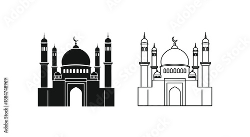 Black and white depictions of a traditional mosque with minarets and a dome