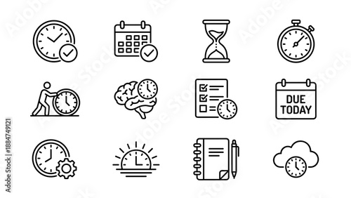 Time management icons. Productivity vector set. Clock calendar hourglass stopwatch line art. Business workflow organization. Schedule efficiency deadline strategy. Agenda checklist.