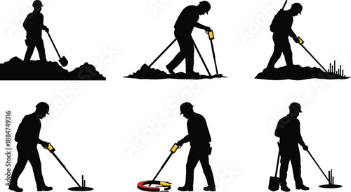 Metal detector silhouette, treasure hunting artwork, archaeology exploration design, hobby detecting illustration, outdoor search activity art