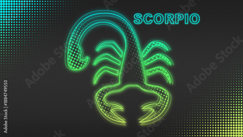 Neon Blue-Yellow Scorpio Zodiac Sign Outline Futuristic Glow Halftone Illustration