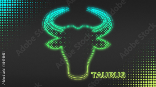 Neon Blue-Yellow Taurus Zodiac Sign Outline Futuristic Glow Halftone Illustration
