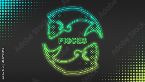 Neon Blue-Yellow Pisces Zodiac Sign Outline Futuristic Glow Halftone Illustration