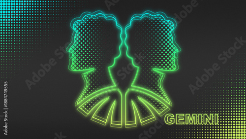 Neon Blue-Yellow Gemini Zodiac Sign Outline Futuristic Glow Halftone Illustration