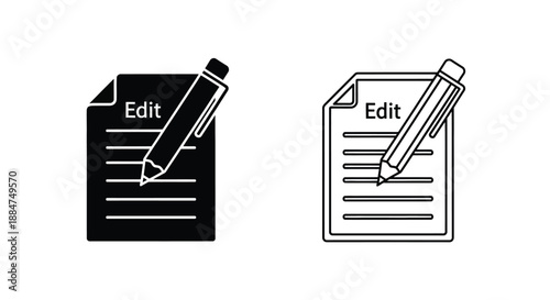 Two black and white icons depicting a paper with a pen or pencil