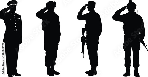 Military personnel silhouettes, soldiers saluting, different uniforms and equipment, vector illustration, armed forces, patriotic, isolated