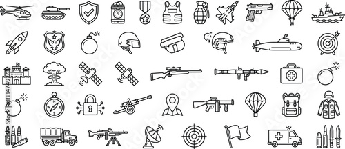 Military defense icon set, army weapons equipment symbols, tactical security elements, warfare strategy tools, outline style, cad drawing flat vector illustration