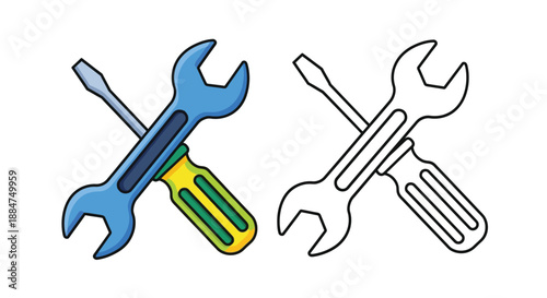 Two sets of crossed tools a wrench and screwdriver illustration