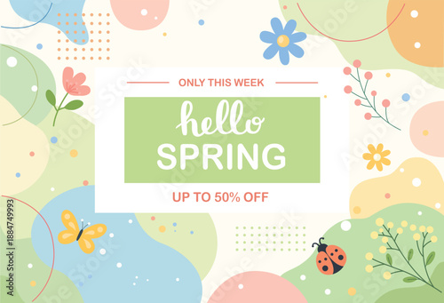 Cute Hello Spring banner with lettering and abstract shapes. Hand drawn vector illustration. Spring Sale Flyer.
