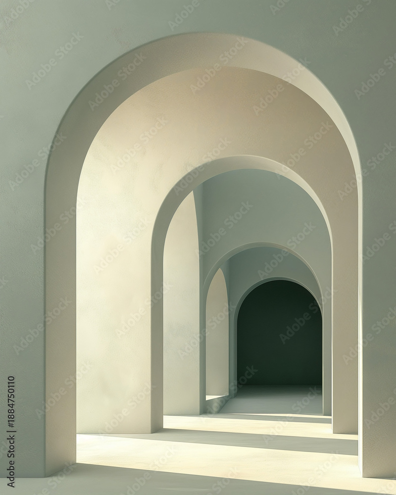Fototapeta premium Abstract architectural arches in soft green tones, modern calm interior space