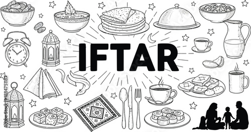 Iftar Ramadan Hand Drawn Line Art Food and Objects Vector Illustration