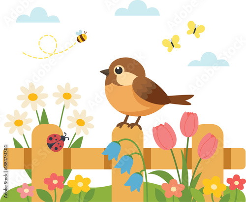 Illustration of a bird on fence with flowers, butterfly and bee. Spring illustration of flowering plants. Color flat illustration. Suitable for spring postcards, prints, blog design, children's books