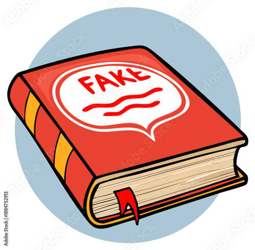 Illustrated red book with Fake word on cover concept of disinformation and propaganda