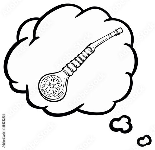 Sketch of smoking pipe in thought bubble, black and white line art illustration
