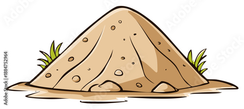 Simple cartoon drawing of a mound of earth or sand with small rocks and grass