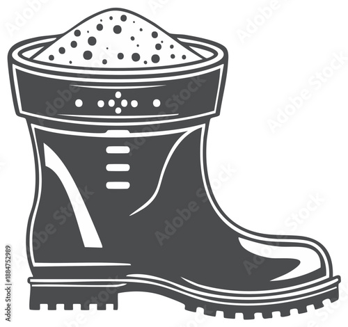 Rubber boot filled with soil and pebbles for gardening or planting tasks
