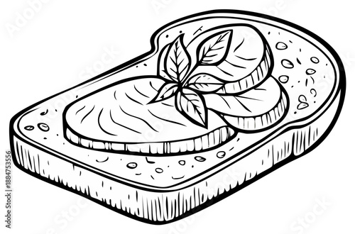 Illustration of Toast with Avocado Slices and Basil Leaves Topping, Food Drawing