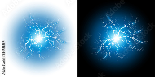 Tableau sur toile Bright Blue Electric Lightning Energy Bursting bright blue lightning bolts on a transparent and black PNG background