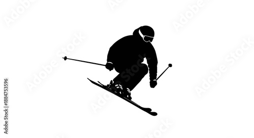 Downhill skier silhouette jumping through air on mountain slope during alpine ski competition winter extreme sports action vector graphic design illustration