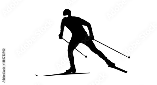 Cross country skier moving forward quickly using poles in gliding motion on snowy terrain for distance race