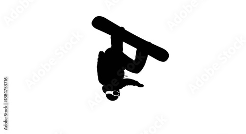 Snowboarder silhouette performing mid air flip trick jump extreme winter sports athlete action pose isolated on white background professional freestyle snowboarding graphic design element