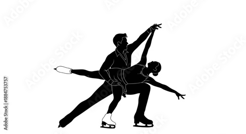 Silhouette illustration of pair figure skating man holding woman during elegant dance move on ice rink surface