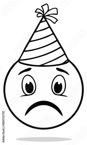 Sad Emoji Wearing Striped Party Hat, Outline Illustration, Vector Artwork