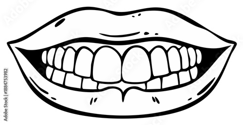 Smiling mouth with healthy teeth, black and white line art illustration